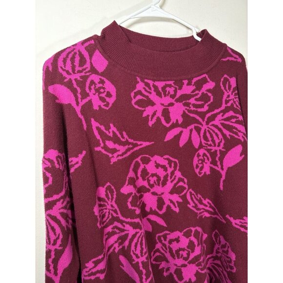 CYRUS Floral Mock Neck Knit Long Sleeve Sweater Maroon Pink Cottagecore Size XL - Picture 2 of 7